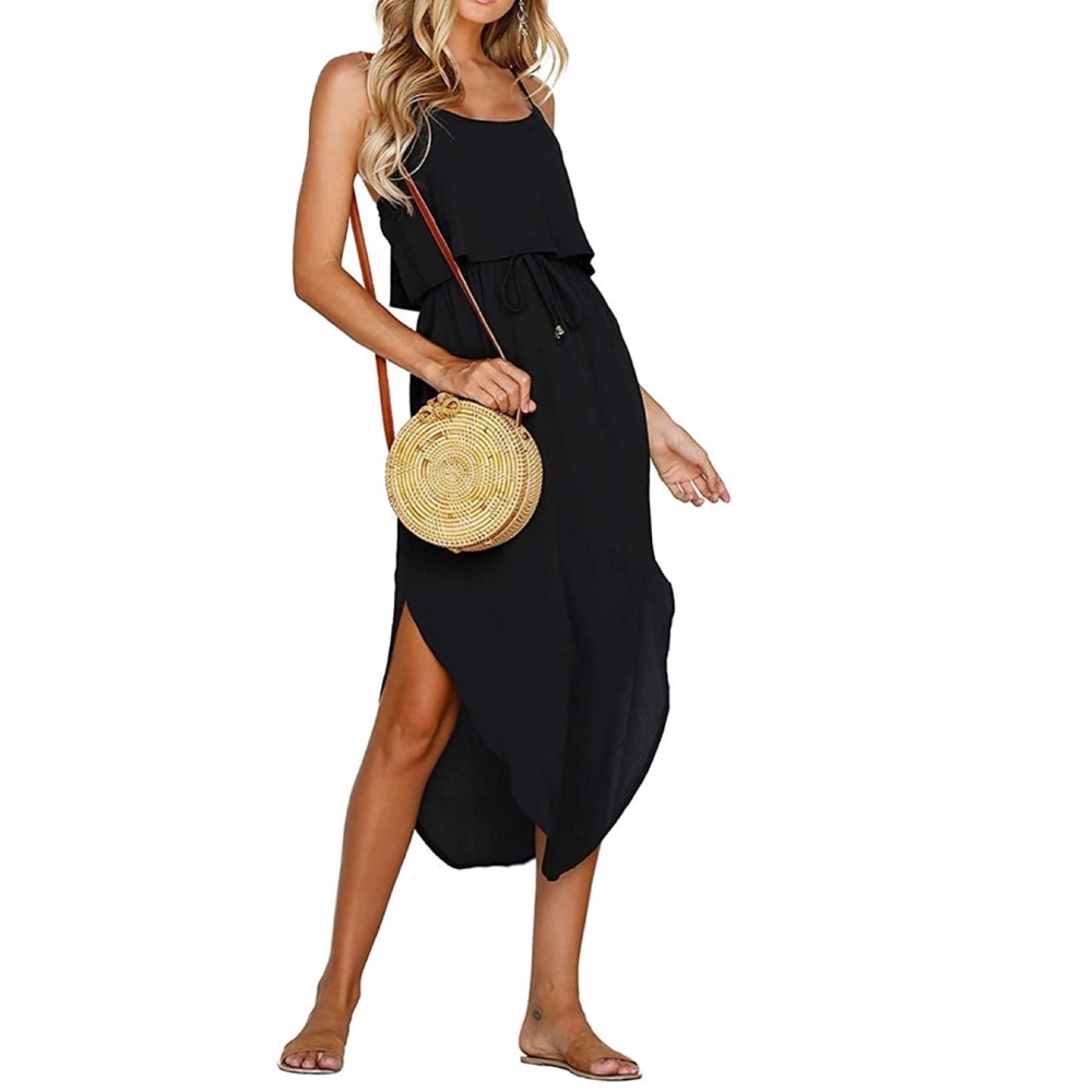 Black Casual Dress Adjustable Strappy Split - Picture 3 of 6